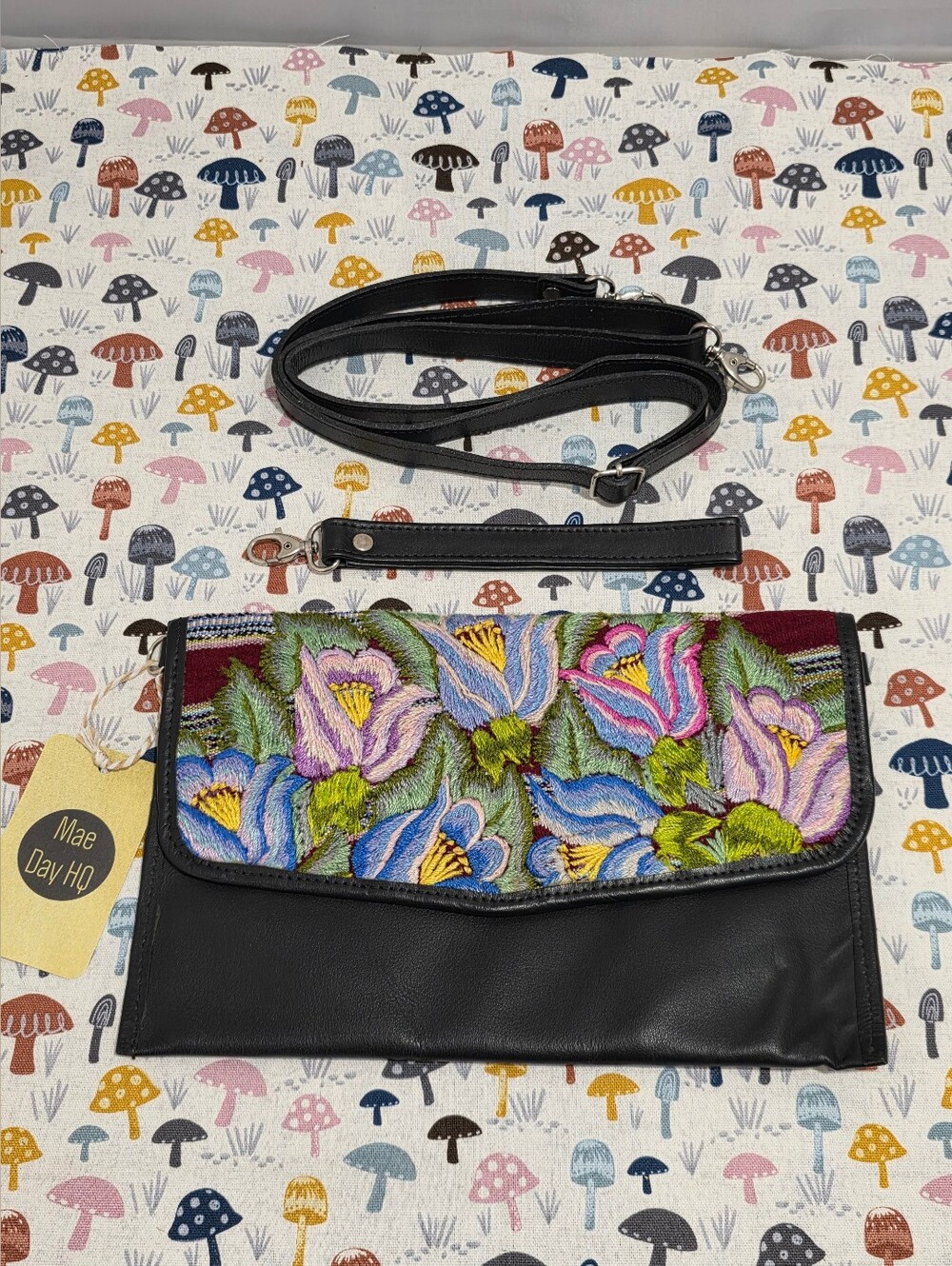 Black Crossbody Bag with Multicolor Floral Embroidered Flap
